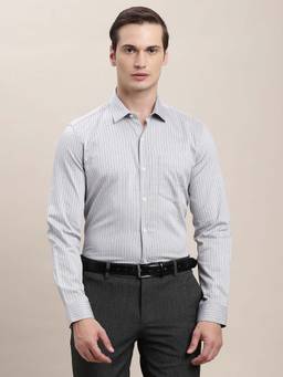 Turtle - Men Grey Regular Fit Stripes Pure Cotton Formal Shirt