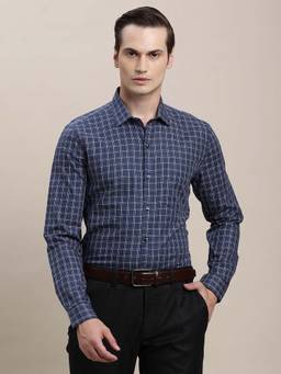 Turtle - Men Blue Slim Fit Checkered Pure Cotton Formal Shirt