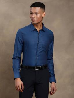 Turtle - Men Blue Slim Fit Self Design Pure Cotton Formal Shirt