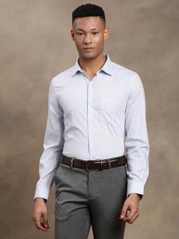 Turtle - Men Light Blue Slim Fit Self Design Pure Cotton Formal Shirt