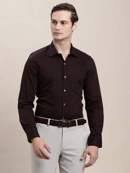Turtle - Men Dark Brown Slim Fit Self Design Pure Cotton Formal Shirt