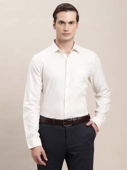 Turtle - Men Cream Slim Fit Self Design Pure Cotton Formal Shirt
