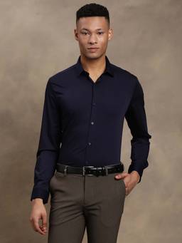 Turtle - Men Blue Slim Fit Solid Polyviscose Formal Shirt