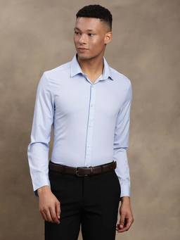 Turtle - Men Light Blue Slim Fit Printed Polyester Stretch Formal Shirt
