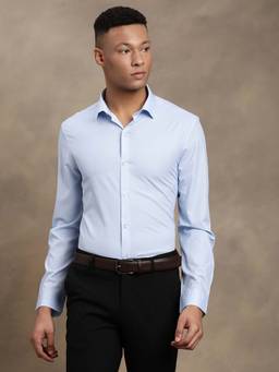 Turtle - Men Light Blue Slim Fit Printed Polyester Stretch Formal Shirt