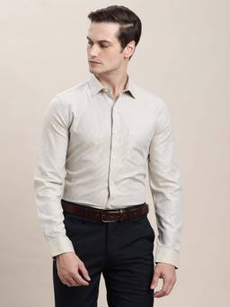Turtle - Men Beige Slim Fit Self Design Giza Cotton Formal Shirt