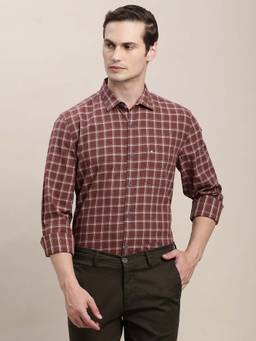 Turtle - Men Brown Slim Fit Checkered Cotton Melange Casual Shirt