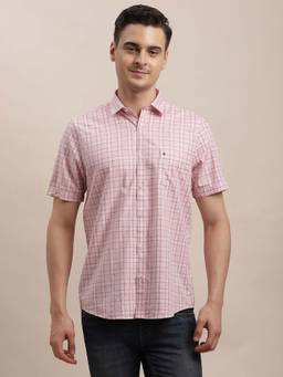 Turtle - Men Light Pink Slim Fit Checkered Pure Cotton Casual Shirt