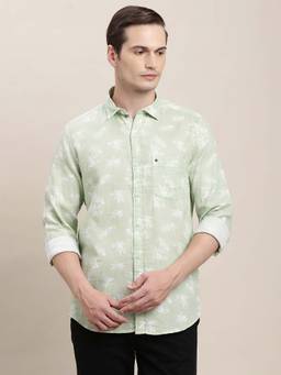 Turtle - Men Pista Green Slim Fit Printed Pure Cotton Casual Shirt