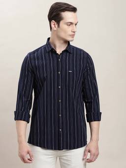 Turtle - Men Navy Blue Slim Fit Stripes Handwoven Casual Shirt