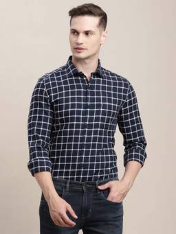 Turtle - Men Navy Blue Slim Fit Checkered Giza Cotton Casual Shirt