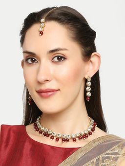 OOMPH - Jewellery Maroon Beads & Kundan Delicate Necklace Set