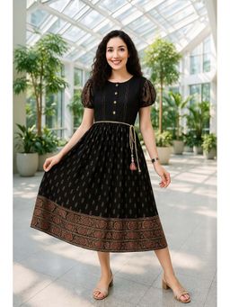 TULSATTVA - Black Printed Viscose Rayon Round Neck Midi Dress with Belt