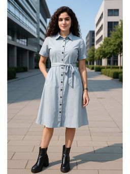 TULSATTVA - Blue Denim Collar Neck Midi Dress