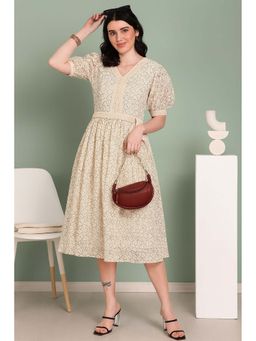 TULSATTVA - Beige Schiffli V-Neck Midi Dress