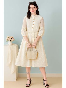 TULSATTVA - Cream Polyester Mandarin Neck Midi Dress