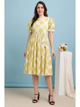 TULSATTVA - Yellow Polyester Round Neck Midi Dress with Belt