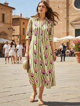 Uptownie - Green Front Pleated Pure Cotton Midi Dress