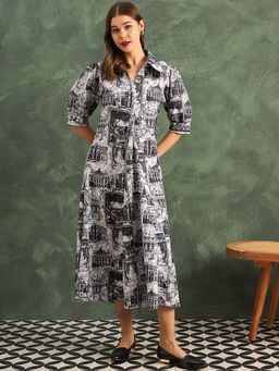 Uptownie - Black Front Pleated Pure Linen Midi Dress