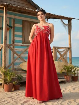 Uptownie - Solid Fish Applique Cotton Red Maxi Dress