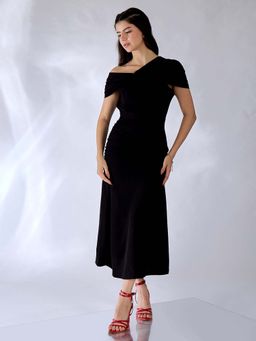 Uptownie - Stretchable Off Shoulder Fit and Flare Black Midi Dress