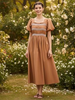 Uptownie - Puff Sleeve Smocked Cotton Brown Midi Dress