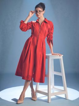 Uptownie - Cotton Zip With Gathered Tie-Up Sleeves Red Midi Dress