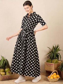 Uptownie - Black Pure Cotton Buttoned Down Maxi Shirt Dress with Belt