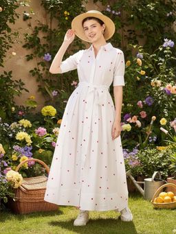 Uptownie - Linen Buttoned Down Belted Shirt White Maxi Dress