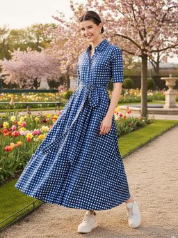 Uptownie - Pure Cotton Buttoned Down Belted Shirt Blue Maxi Dress