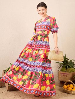 Uptownie - Puffed Sleeve Tiered Cotton Red Maxi Dress