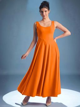 Uptownie - Orange Stretchable Corset Fit and Flare Maxi Dress
