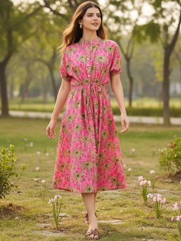 Uptownie - Cotton Side Waist Tie-Up Pink Midi Dress