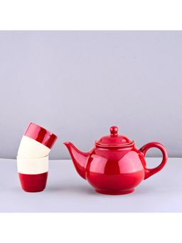 BlackCarrot - 2 Piece White-Red Ceramic Cup Set & 1 Red Ceramic Kettle