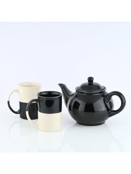 BlackCarrot - 3 Piece White-Red Ceramic Tall Mug Set & 1 Black Ceramic Kettle