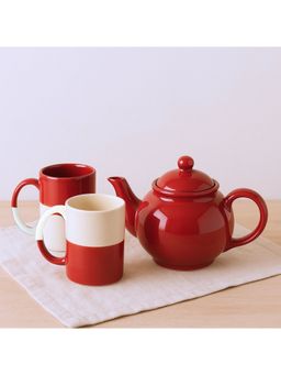 BlackCarrot - 4 Piece White-Red Ceramic Tall Mug Set & 1 Red Ceramic Kettle