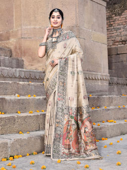 Elora - Pure Tussar Silk Madhubani Work Saree with Unstitched Blouse