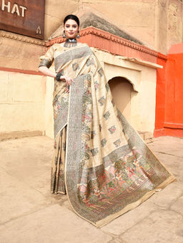 Elora - Pure Tussar Silk Madhubani Pattern Saree with Unstitched Blouse