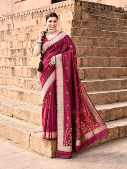 Elora - Pure Tussar Silk Floral Pallu Embroidery Saree with Unstitched Blouse