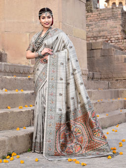 Elora - Pure Tussar Silk Madhubani Work Saree with Unstitched Blouse