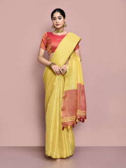 Elora - Tissue Linen Plain Chanderi Designer Saree with Unstitched Blouse