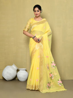 Elora - Cotton Floral Embroidered Designer Saree with Unstitched Blouse