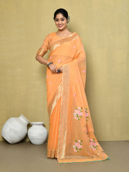 Elora - Cotton Floral Embroidered Designer Saree with Unstitched Blouse