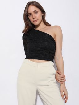 VERO MODA - Black Embroidered One Shoulder Crop Top