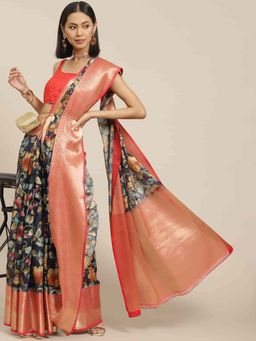 Silk Land - Digital Printed Woven Silk Saree with Unstiched Blouse Piece Navy Blue with Unstitched