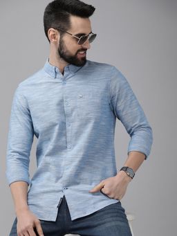 The Bear House - Men Blue Self Designed Cotton Casual Shirt