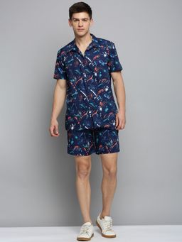 SHOWOFFFF - Mens Shorts Sleeves Navy Blue Printed Co-Ords (Set of 2)