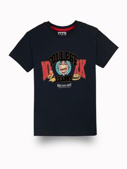 Gini & Jony - Boys Navy Blue Typographic Print Cotton Half Sleeves T-Shirt
