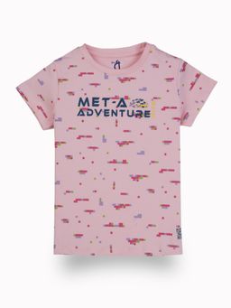 Gini & Jony - Girls Pink Pixel Print Cotton Knits Half Sleeves T-Shirt