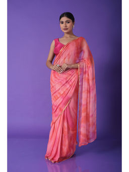 Zari Jaipur - Pink Chiffon Tie & Dye Saree with Unstitched Blouse
